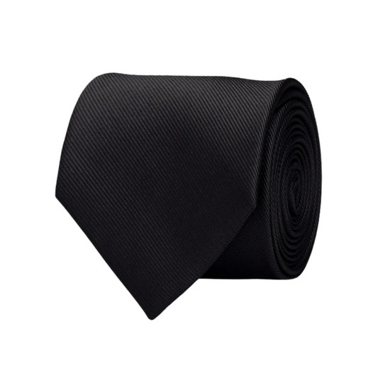 Solid Black Silk Necktie with Ribbed Grosgrain Texture