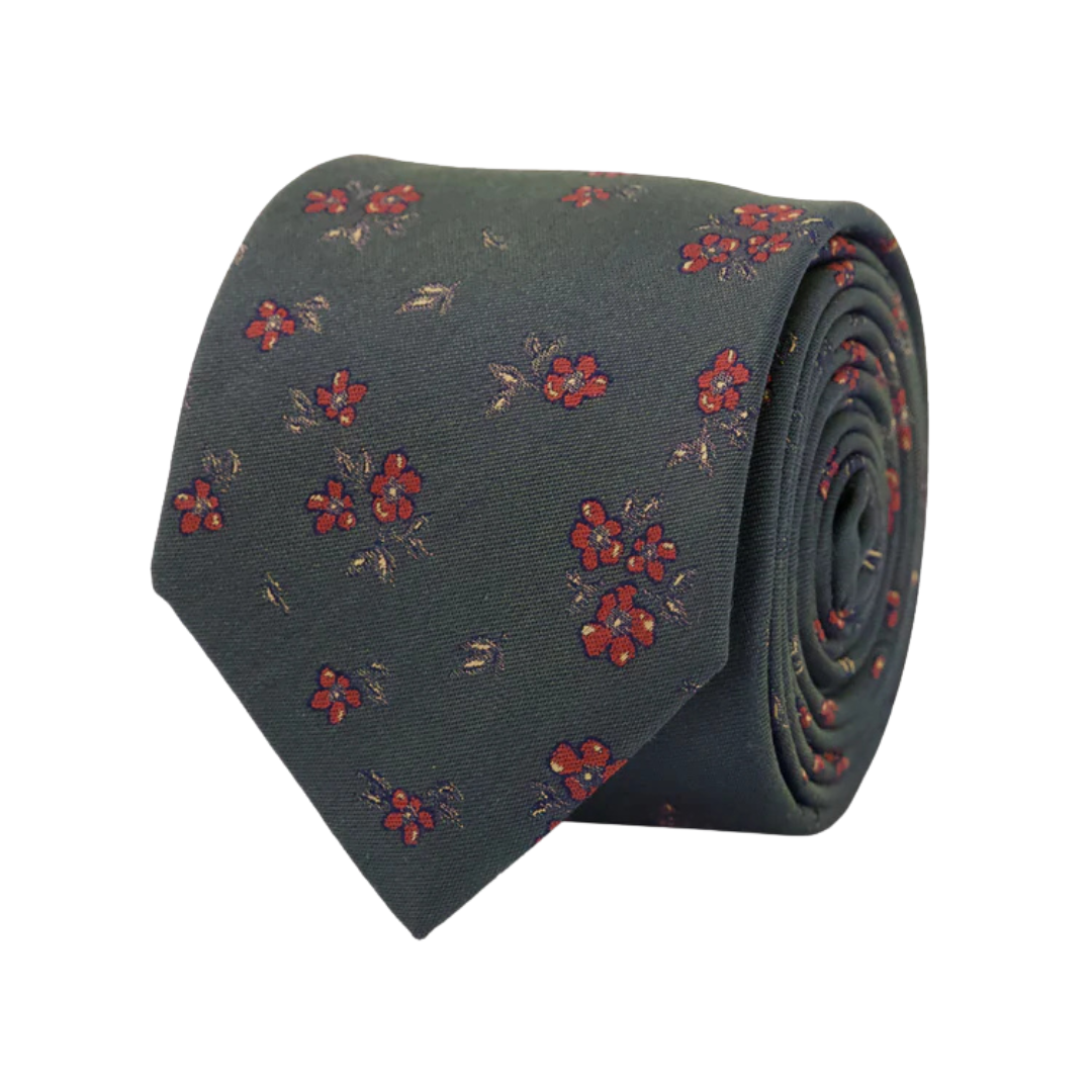 Dark Green Silk Tie with Red Floral Pattern