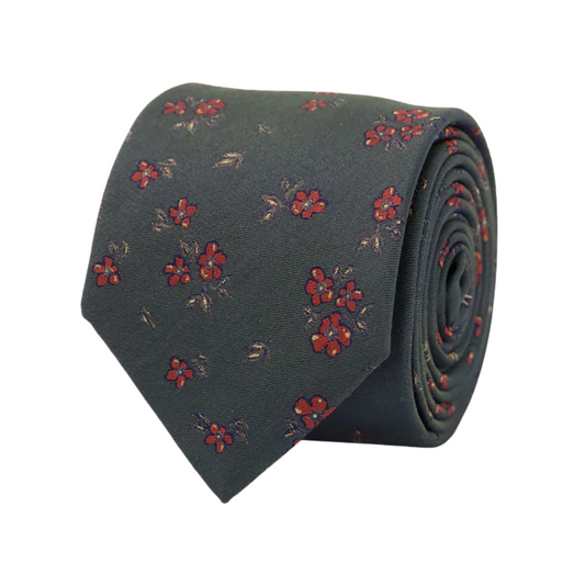 Dark Green Silk Tie with Red Floral Pattern