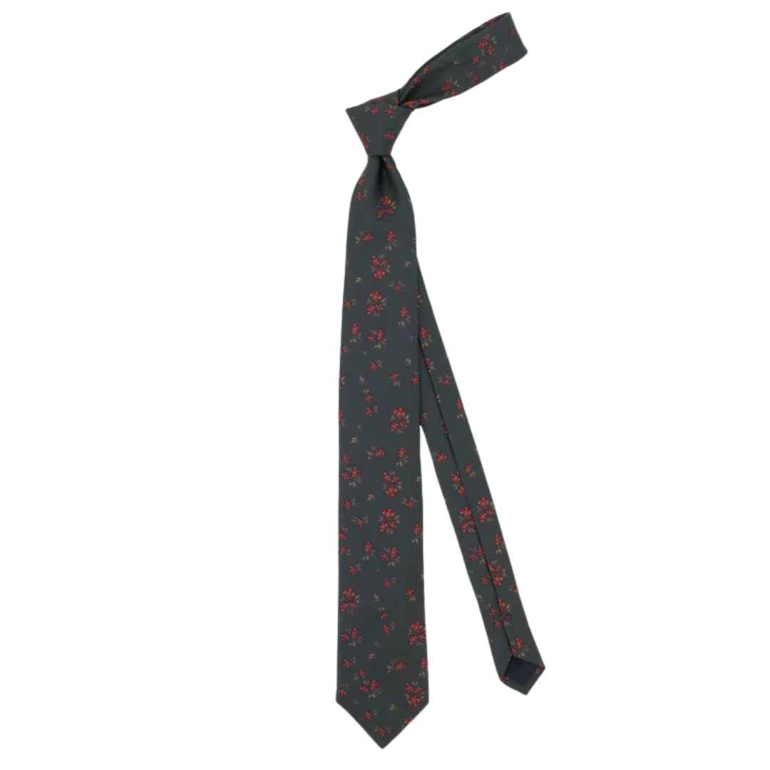 Dark Green Silk Tie with Red Floral Pattern