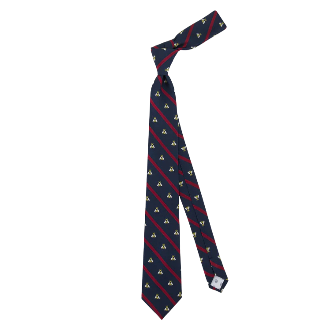 Navy Silk Tie with Bee Embroidery and Repp Stripes