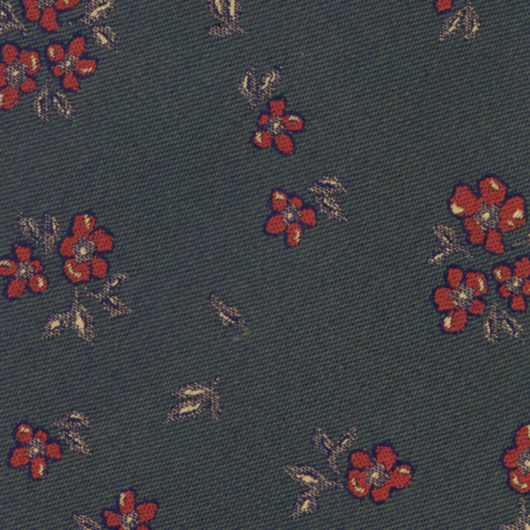 Dark Green Silk Tie with Red Floral Pattern
