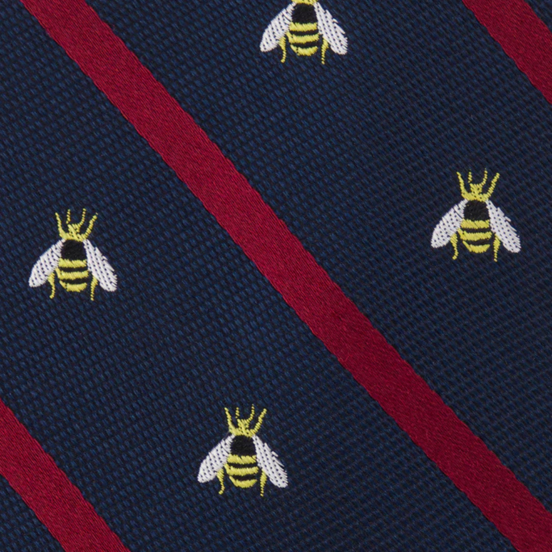 Navy Silk Tie with Bee Embroidery and Repp Stripes