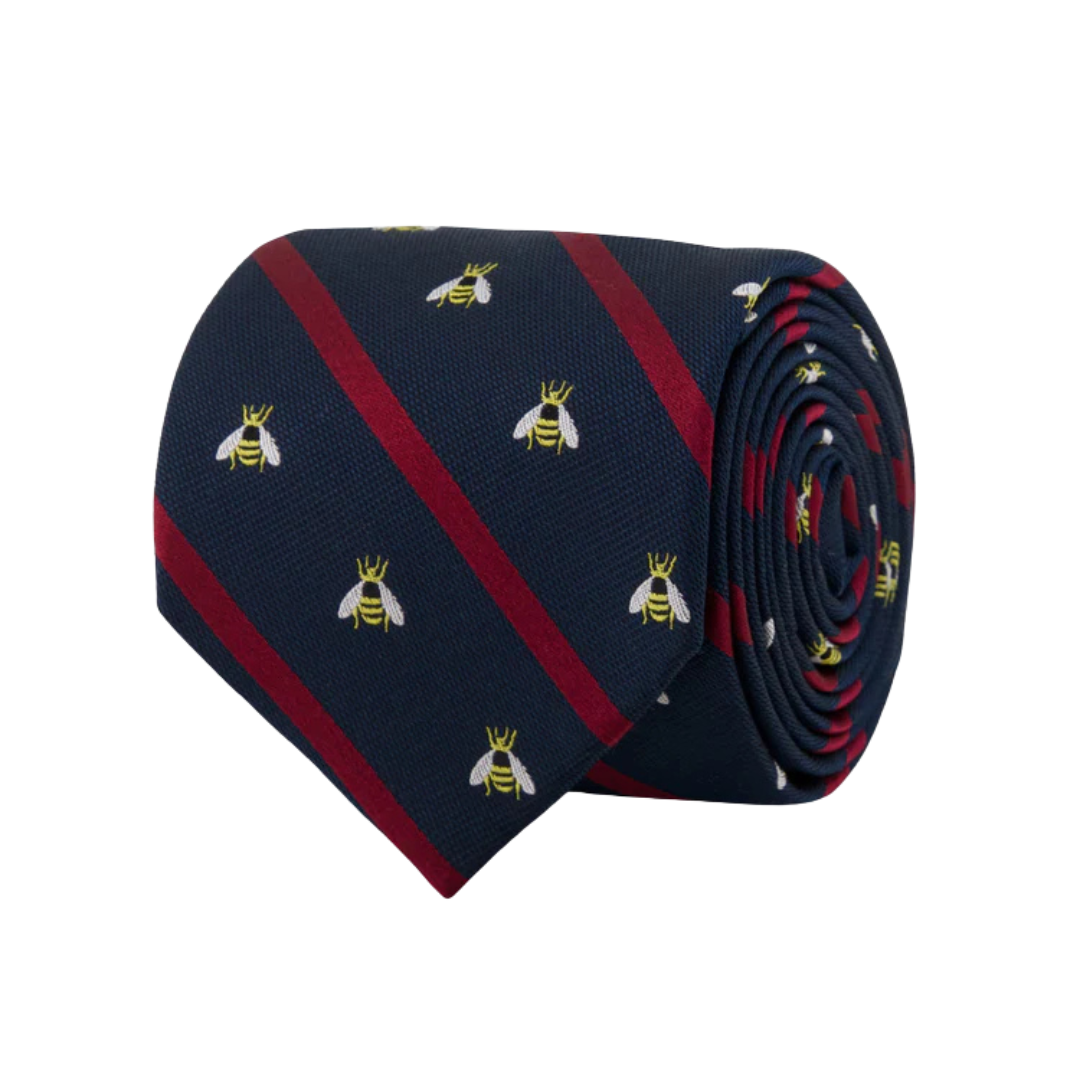 Navy Silk Tie with Bee Embroidery and Repp Stripes