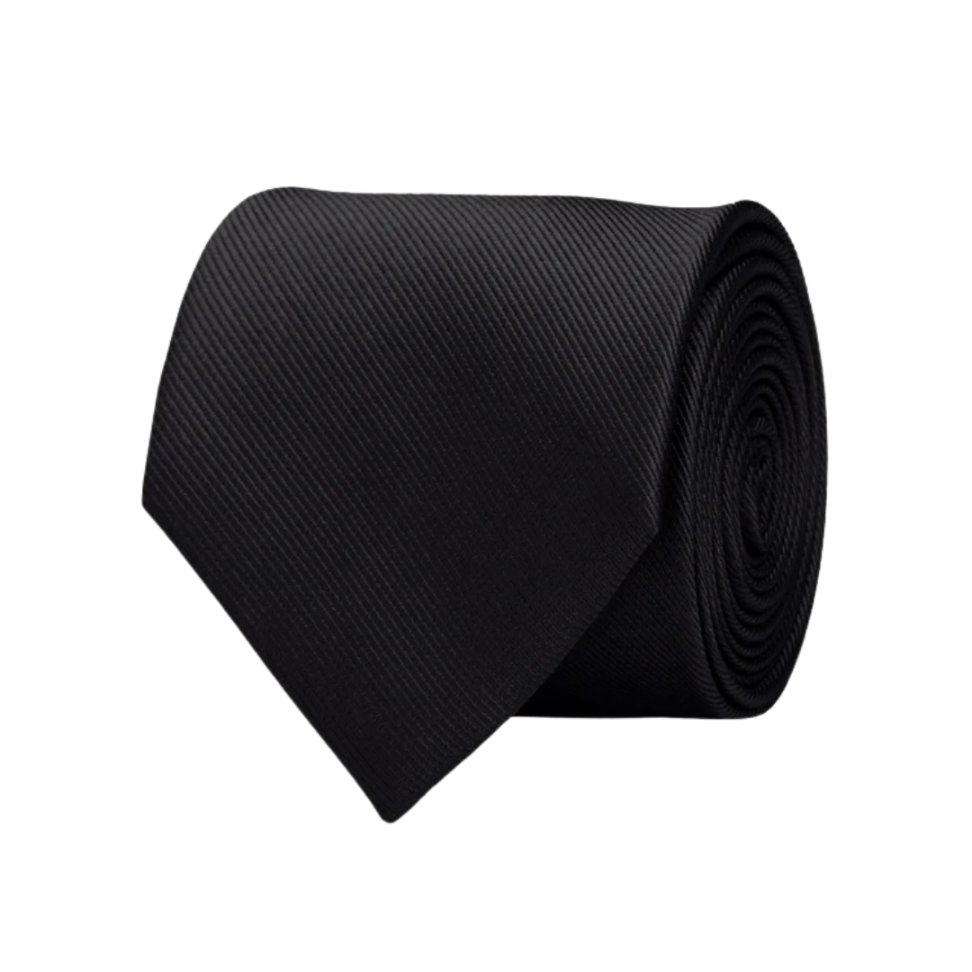 Solid Black Silk Necktie with Ribbed Grosgrain Texture